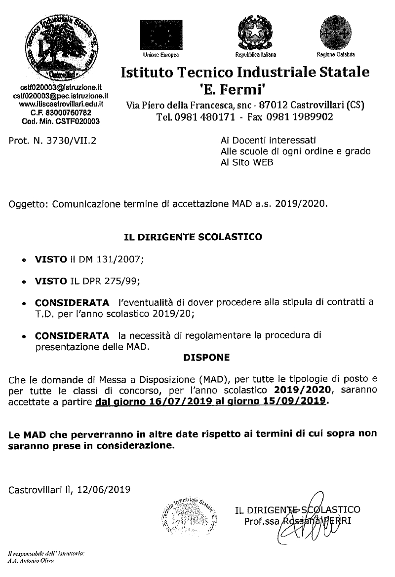 Comunicazione Termine Di Accettazione Mad As 20192020